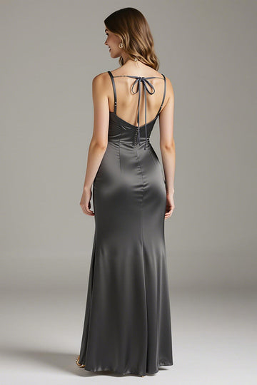 Steel Grey Satin Mermaid Long Black Tie Dress with Slit